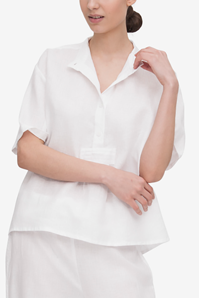 Front view of classic short sleeve cropped sleep shirt in white linen by The Sleep Shirt