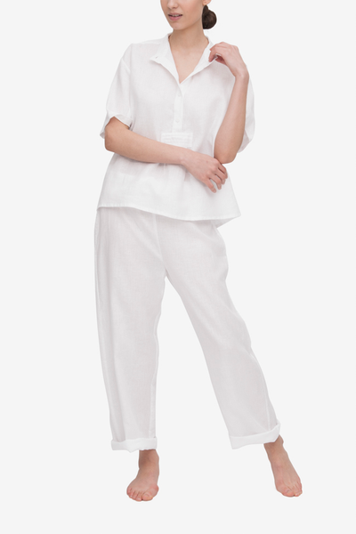 Short Sleeve Cropped Sleep Shirt White Linen