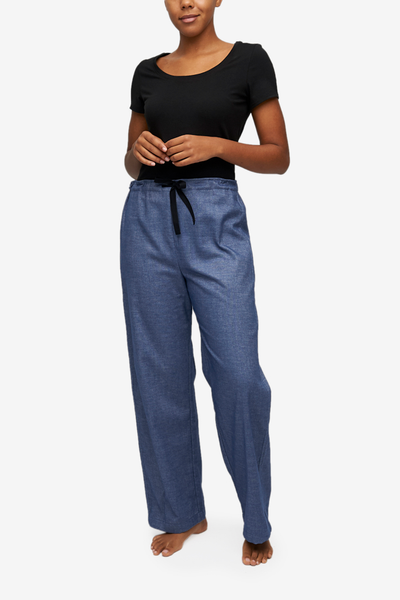 Traditional pajama pant in a blue cotton flannel. Drawstring front and elastic back waist.  