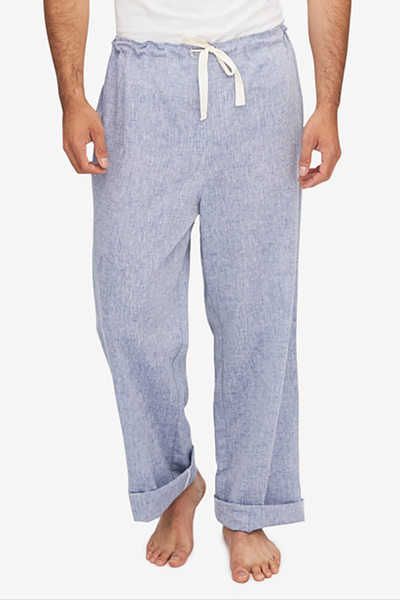 front view men's lounge pant blue linen chambray by the Sleep Shirt