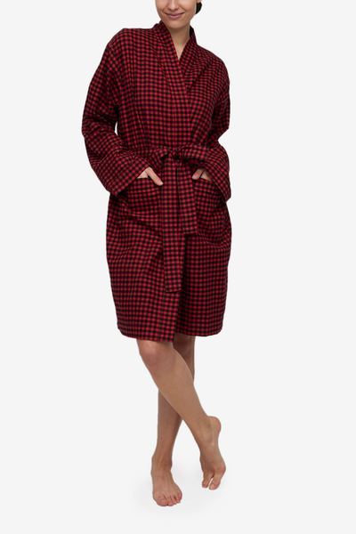 Red and black buffalo check cotton dressing gown, made in Canada. Two patch pockets and matching belt included.