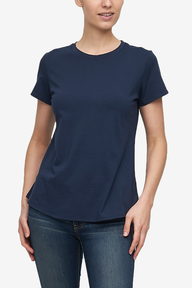 Short Sleeve Crew Neck T-Shirt Denim Blue Stretch Jersey