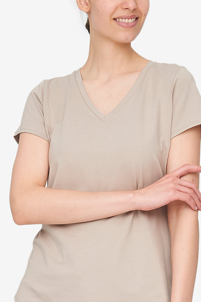 Short Sleeve V Neck T-Shirt Sand Stretch Jersey