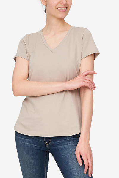 Short Sleeve V Neck T-Shirt Sand Stretch Jersey