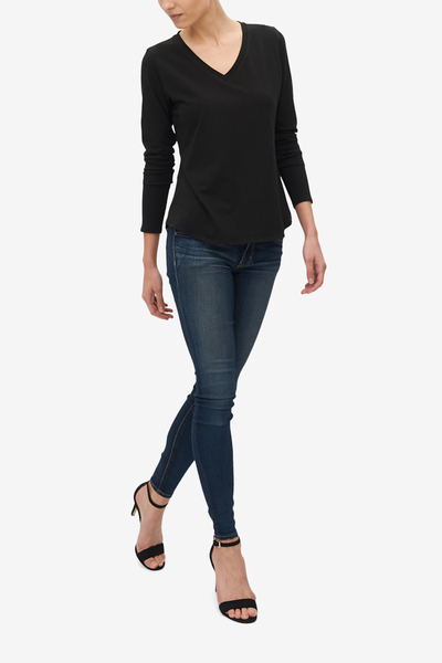 Long Sleeve V Neck T-Shirt Black Stretch Jersey