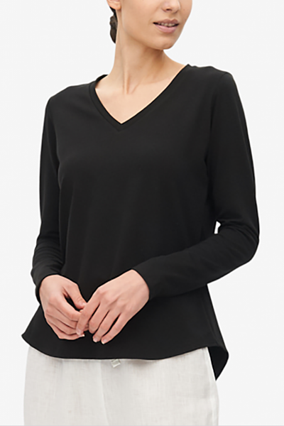 Long Sleeve V Neck T-Shirt Black Stretch Jersey