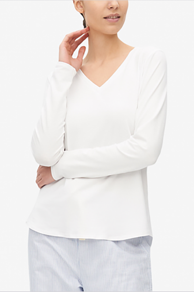 Long Sleeve V Neck T-Shirt White Stretch Jersey