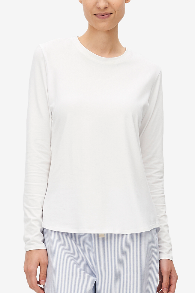 Long Sleeve Crew Neck T-Shirt White Stretch Jersey