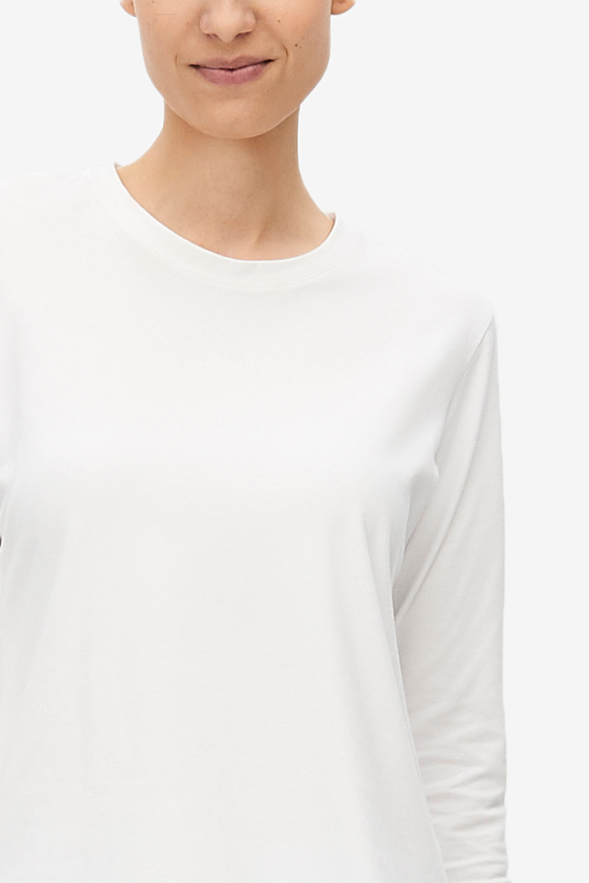 Long Sleeve Crew Neck T-Shirt White Stretch Jersey