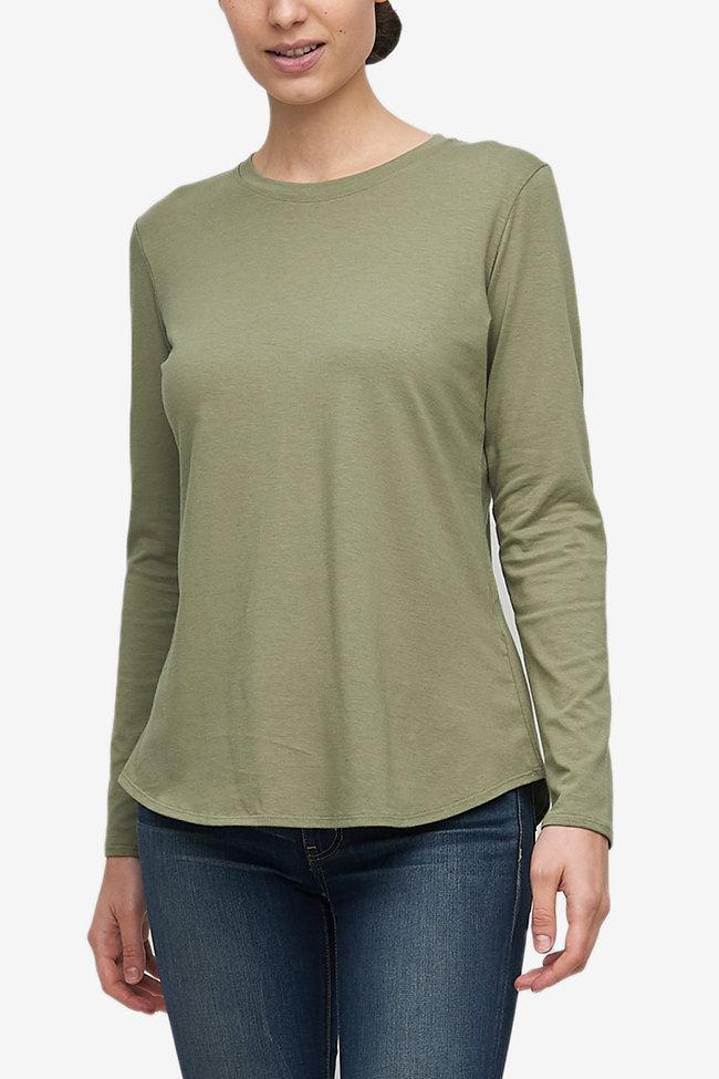 Long Sleeve Crew Neck T-Shirt Army Green Stretch Jersey