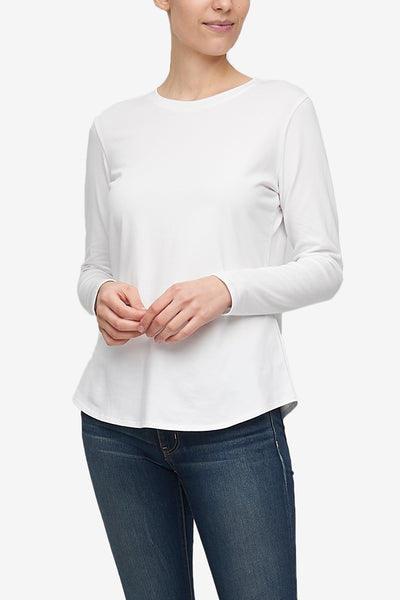 Long Sleeve Crew Neck T-Shirt White Stretch Jersey