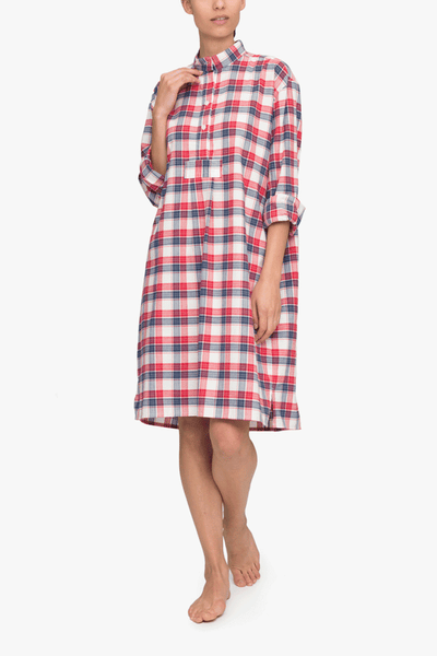 front view long sleep shirt berry plaid cotton by the Sleep Shirt