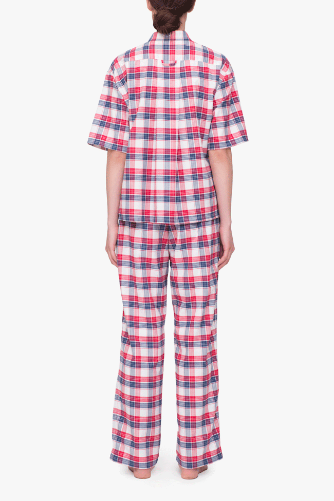 back view short sleeve cropped sleep shirt and lounge pant set berry plaid cotton by the Sleep Shirt