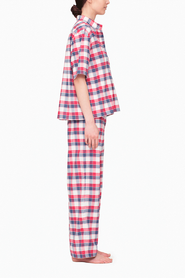 Set - Short Sleeve Cropped Sleep Shirt and Lounge Pant Berry Plaid
