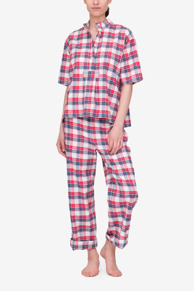 front view short sleeve cropped sleep shirt and lounge pant set berry plaid cotton by the Sleep Shirt