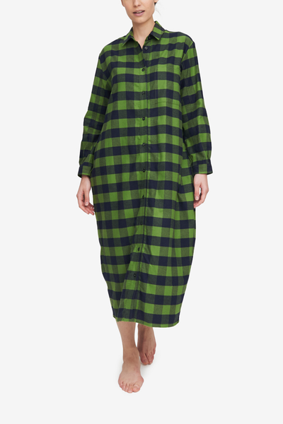 Almost ankle length flannel plaid oversized chemise in a green and black oversized check.