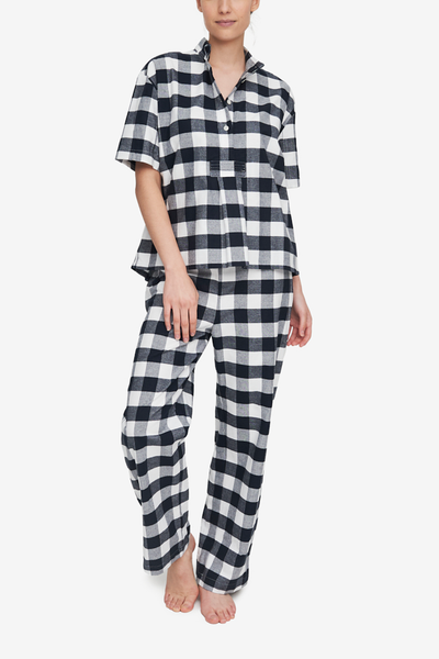 Set - Short Sleeve Cropped Sleep Shirt and Lounge Pant Big White Buffalo Check