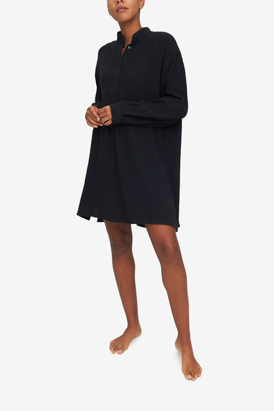 Above-the-knee length traditional nightshirt pyjama, black soft double gauze cotton. Made in canada. 