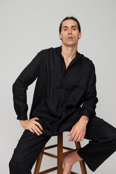 Men's Short Nightshirt Black Linen