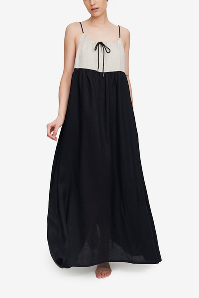 Long Rope Dress Black with Sand Linen Contrast