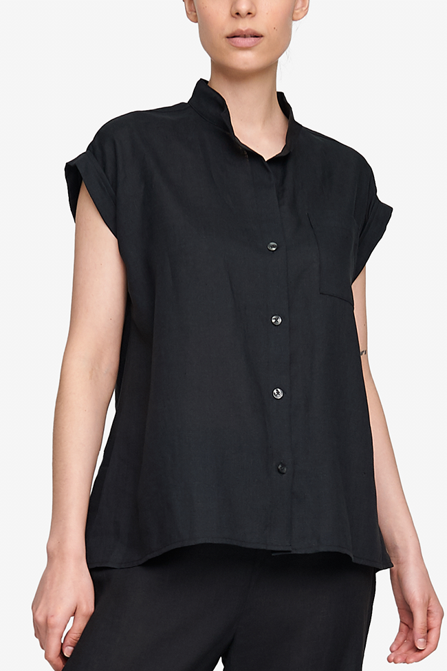 Cuffed Sleeve Shirt Black Linen