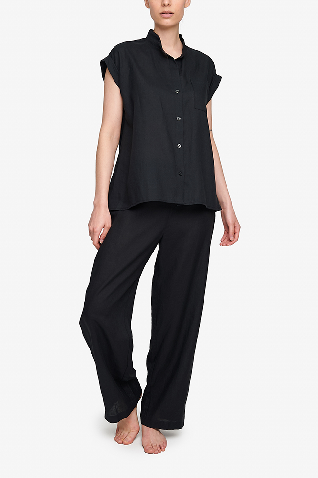 Set - Cuffed Sleep Shirt and Lounge Pant Black Linen