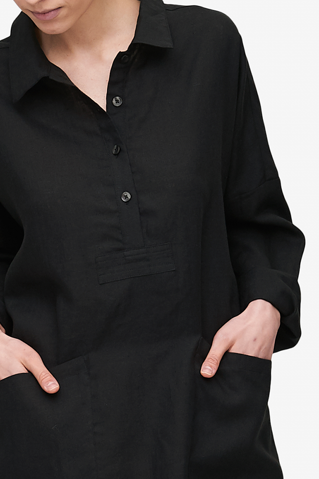 Dropped Shoulder Sleep Shirt Black Linen