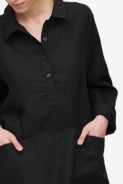 Dropped Shoulder Sleep Shirt Black Linen