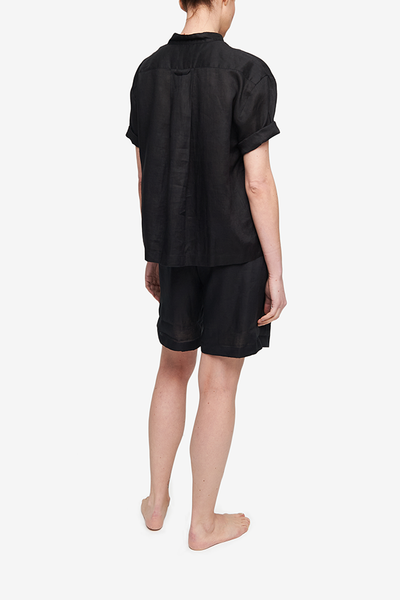Set - Short Sleeve Cropped Sleep Shirt and Lounge Short Black Linen
