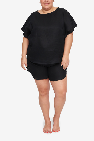 Set - Woven T-Shirt and Curved Hem Short Black Linen