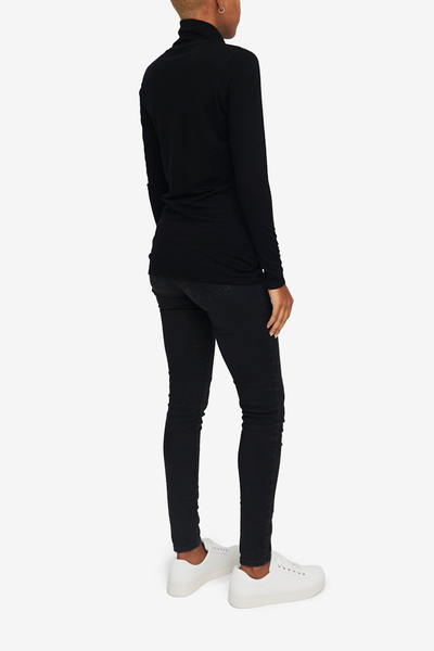 Long Sleeve Turtleneck T-Shirt Black Merino Wool Jersey