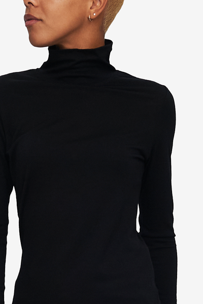 Long Sleeve Turtleneck T-Shirt Black Merino Wool Jersey