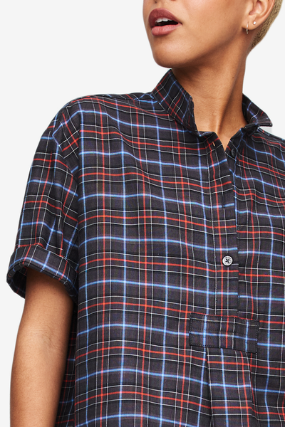Set - Short Sleeve Cropped Sleep Shirt and Lounge Short Black Plaid
