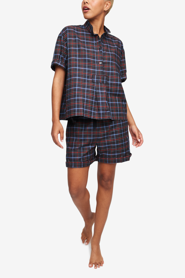 Set - Short Sleeve Cropped Sleep Shirt and Lounge Short Black Plaid