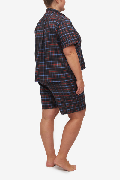 Set - Short Sleeve Cropped Sleep Shirt and Lounge Short Black Plaid