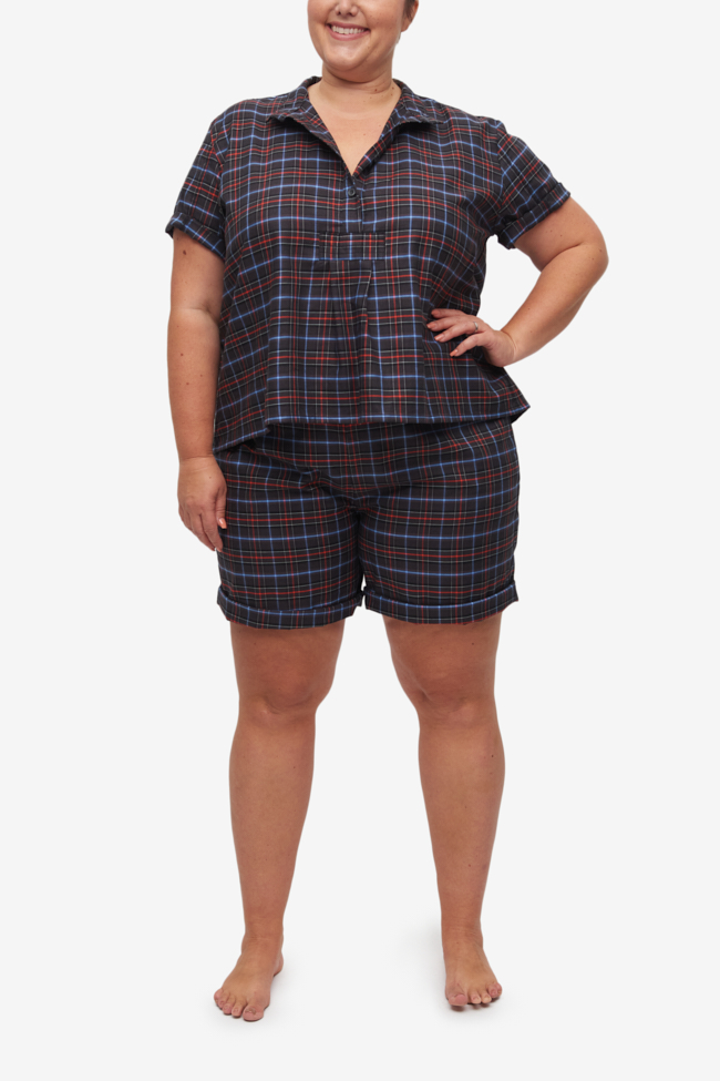 Set - Short Sleeve Cropped Sleep Shirt and Lounge Short Black Plaid