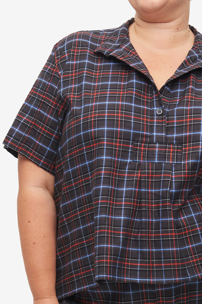 Set - Short Sleeve Cropped Sleep Shirt and Lounge Short Black Plaid