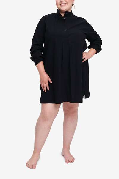 Designer sleepwear for plus sizes, fits XL to 3XL. Oversized popover style pyjama shirt in black cotton seersucker.