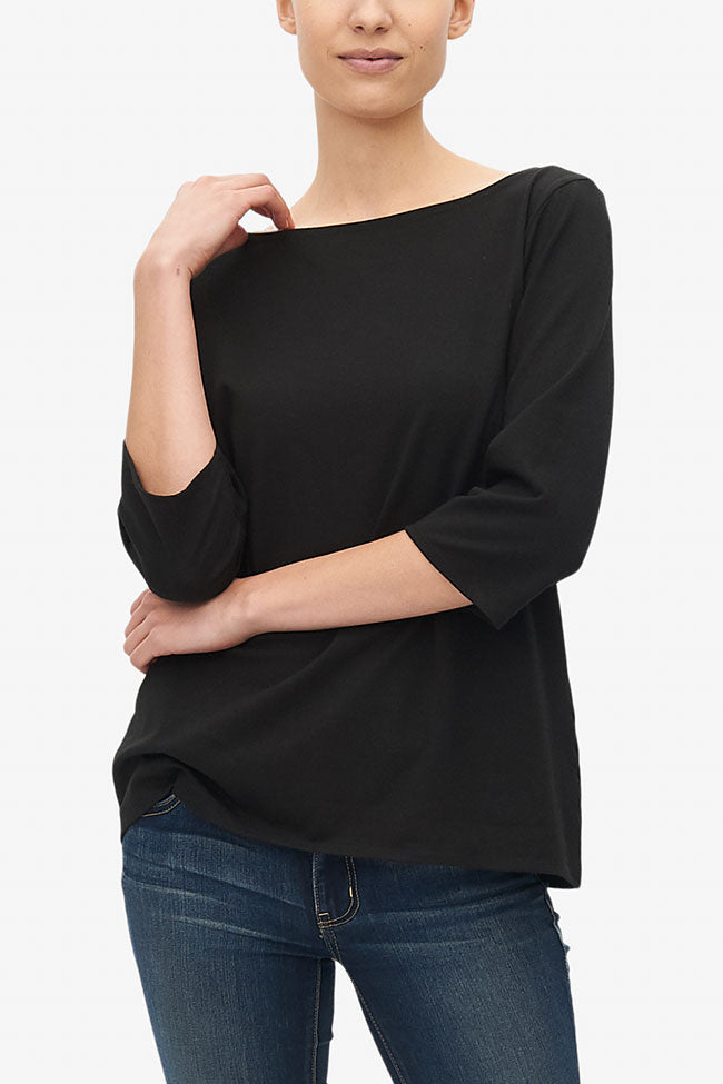 Boat Neck T-Shirt Black Stretch Jersey