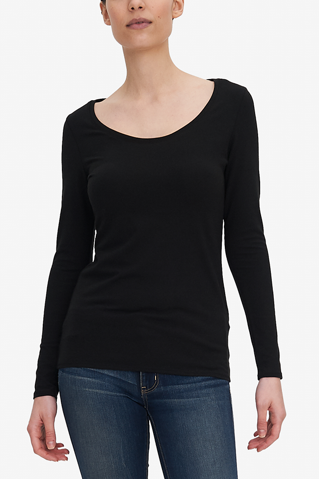 Long Sleeve Scoop Neck T-Shirt Black Stretch Jersey