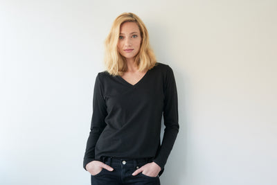 Long Sleeve V Neck T-Shirt Black Stretch Jersey