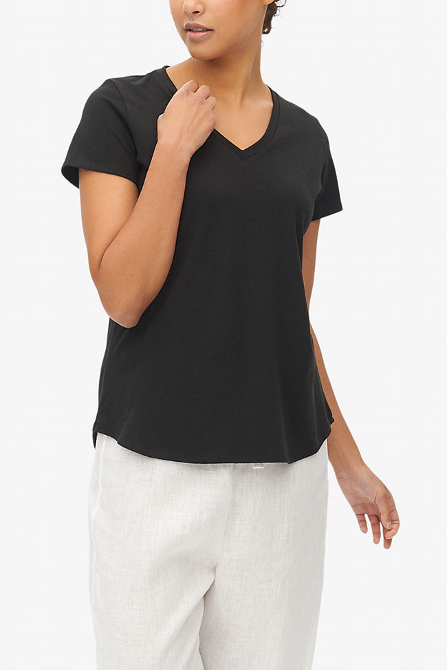Short Sleeve V Neck T-Shirt Black Stretch Jersey