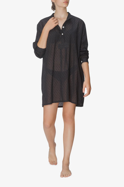 front view short sleep shirt black swiss dot cotton by the Sleep Shirt