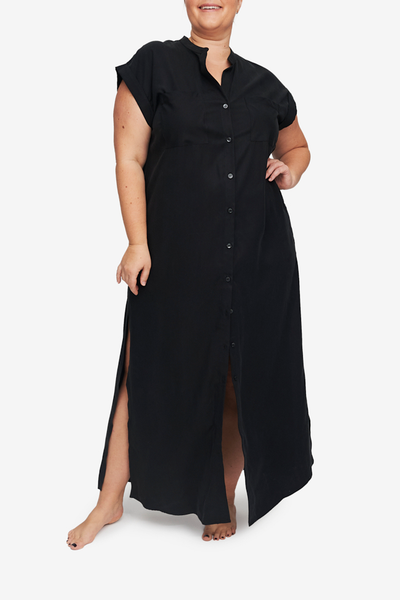 A cap sleeve, floor length  sleep shirt , with a  high collar and side slits made from a luxe black tencel twill. available in Plus and X Plus size extended sizes.