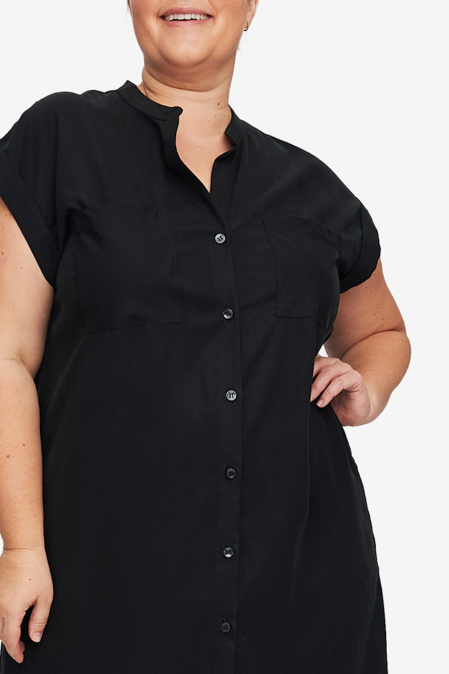 Long Two Pocket Sleep Shirt Black Tencel Twill Plus