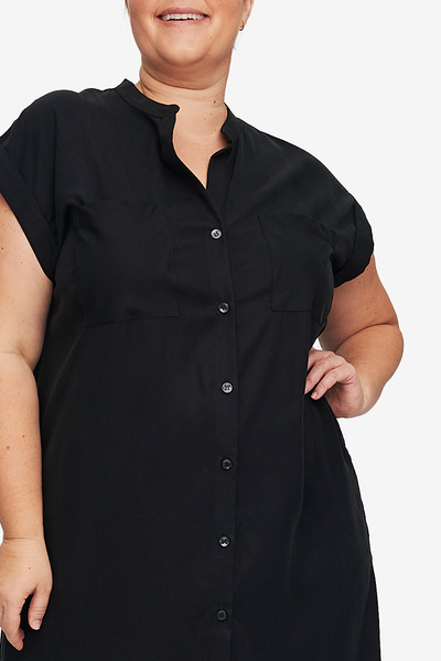 Long Two Pocket Sleep Shirt Black Tencel Twill Plus