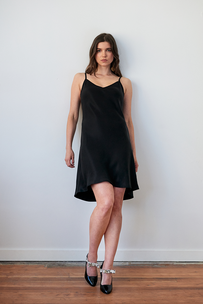 Short Slip Dress Black Tencel Twill