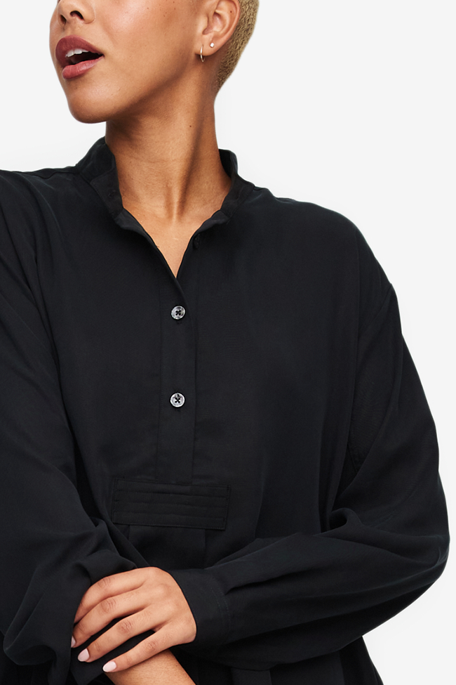 Short Sleep Shirt Black Tencel Twill