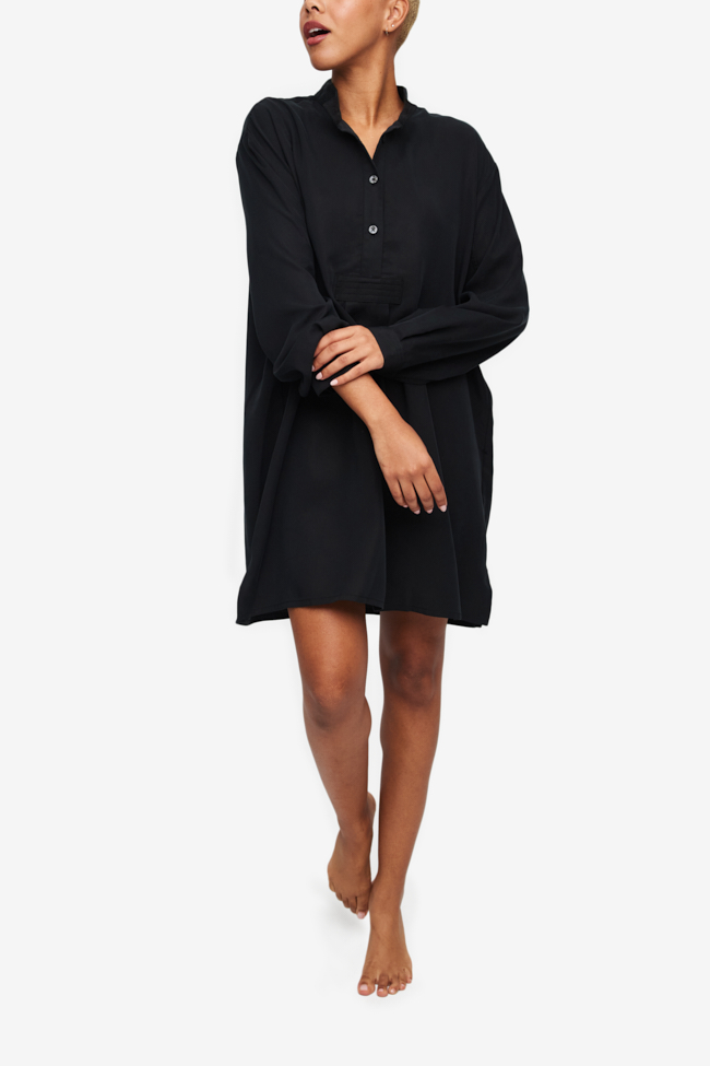 Short Sleep Shirt Black Tencel Twill