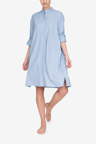 front view classic long sleep shirt blue check light cashmarello cotton cashmere blend by the Sleep Shirt